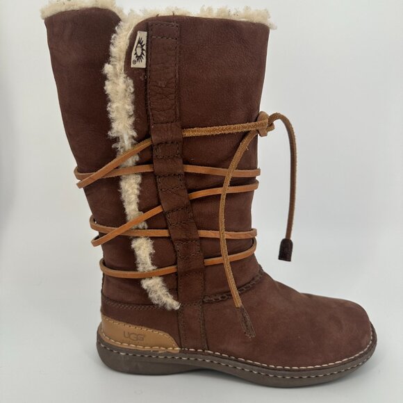 UGG Women’s Catalina Brown Leather Shearling Lace-Up Mid Calf Boots Size 8 - Picture 4 of 15